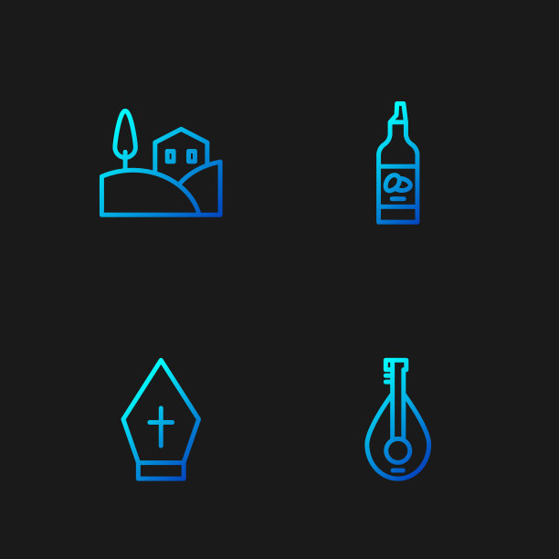 设置线曼陀林，教皇帽，村庄景观和橄榄油的瓶子。渐变颜色图标。向量图片下载