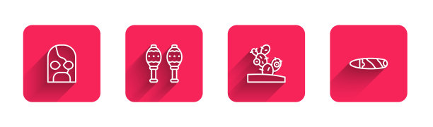 设置线墨西哥摔跤手，沙球，仙人掌和雪茄与长影子。红场按钮。向量图片下载