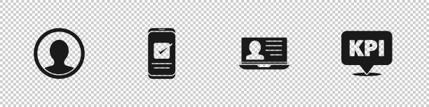 设置创建帐户界面、智能手机、带简历的笔记本电脑和关键性能指标图标。向量图片下载