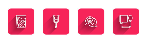 在玻璃上画假下巴，拐杖或拐杖，祖母和血压，阴影很长。红场按钮。向量图片下载