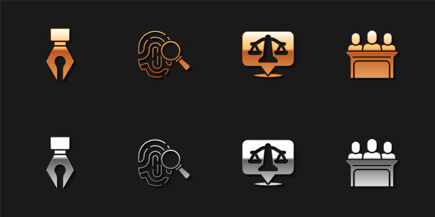 设置钢笔笔尖，指纹，正义的天平和陪审员图标。向量图片下载