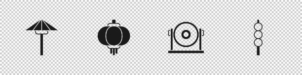 设置日本太阳伞、中国纸灯笼、宫灯和肉丸木棒的图标。向量图片下载