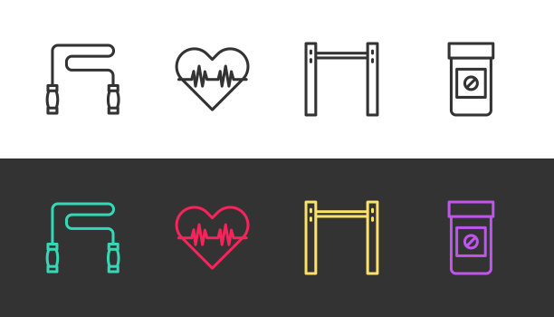 将跳绳、心率、单杠和合成代谢药物设置在黑白上。向量图片下载