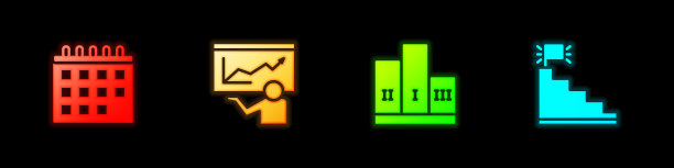 将日历，训练，展示，奖励设置在冠军领奖台和带有终点旗图标的楼梯上。向量图片下载