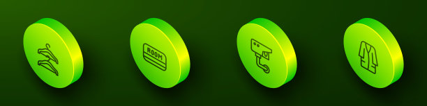 设置等距线衣架衣柜，酒店钥匙卡，安全摄像头和浴衣图标。向量图片下载