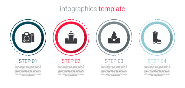 设置相机，垃圾桶，树和防水橡胶靴。业务信息模板。向量图片下载