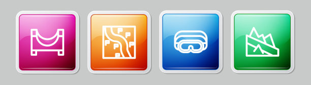 设置直线滑板公园，路线位置，滑雪护目镜和山地下降。丰富多彩的广场按钮。向量图片下载
