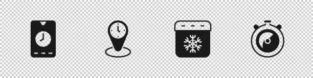 设置闹钟应用程序移动，时区时钟，日历冬季和秒表图标。向量图片下载