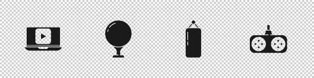 设置在线播放视频，球座上的高尔夫球，沙袋和手柄图标。向量图片下载