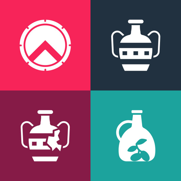 设置波普艺术橄榄油瓶，破碎的双耳罐，古代和希腊盾的图标。向量图片下载