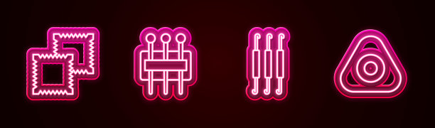 设置线纺织织物卷，缝纫针，钩针钩和缝纫粉笔。发光的霓虹灯图标。向量图片下载