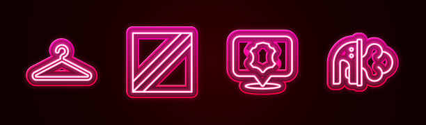 集衣架衣柜、纺织卷布、皮革、电熨斗于一体。发光的霓虹灯图标。向量图片下载