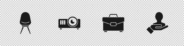 设置办公椅，电影，电影，媒体放映机，公文包和手搜索人的图标。向量图片下载