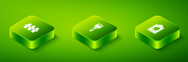 设置等距房屋键，合同和花园栅栏木图标。向量图片下载