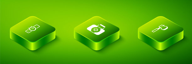 设置等距急救箱，木斧和腕表图标。向量图片下载