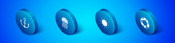 设置等距锚，太阳，橡胶游泳圈和水母图标。向量图片下载