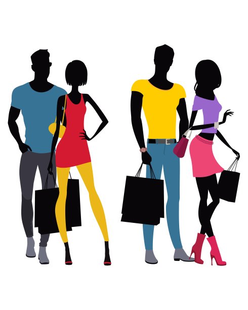 两对夫妇拿着购物袋的剪影图片下载