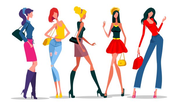 衣着时髦的妇女。美丽迷人的女孩与服装和包配件的向量插图。图片下载