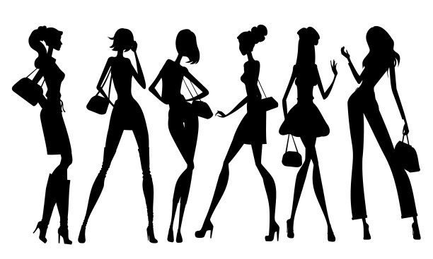 穿着时髦的女性剪影。迷人的女孩数字矢量插图。图片下载