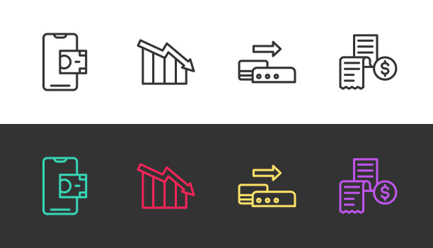 设置手机银行，财务增长下降，Pos机和纸或财务检查的黑白。向量图片下载