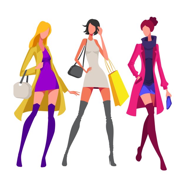 穿着迷你裙和外套的女人。女模特拿着白色背景的包。孤立的矢量图。图片下载