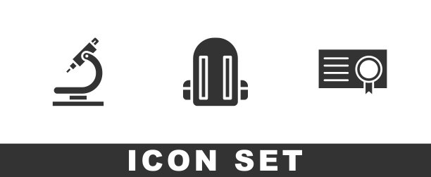 设置显微镜、书包和证书模板图标。向量图片下载