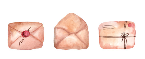 用蜡封的信封。一套老式水彩插图孤立在白色背景上图片下载