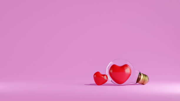 灯泡与两个心作为想法和灵感的概念，情人节，3D渲染图片下载
