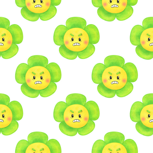 无缝的图案配上鲜艳有趣的花朵。愤怒的绿色花朵带着挑衅的情绪。夏天的背景与卡通风格的水彩人物。图片下载