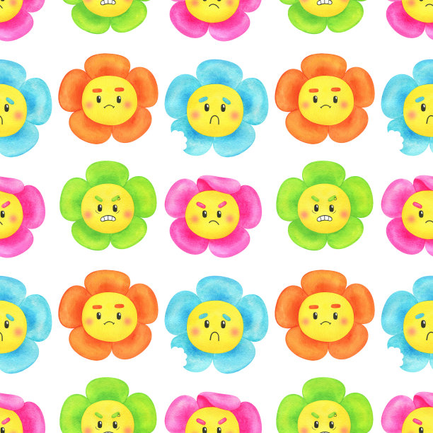 无缝图案与彩色卡通花卉。水彩花的创作背景与脸表达愤怒，悲伤，愤怒，不满的情绪。夏季设计面料、纸张图片下载