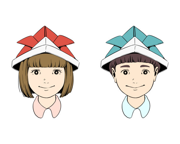 男孩和女孩戴着折纸头盔图片下载