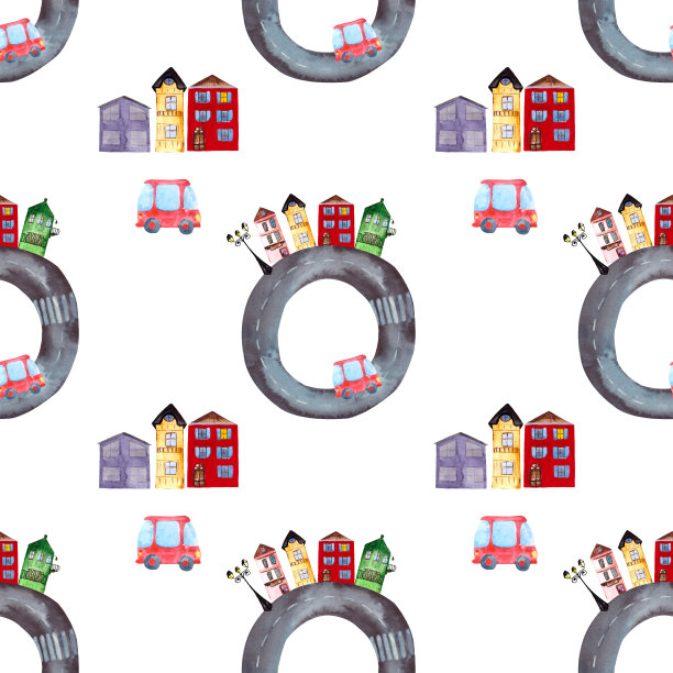 无缝模式，环形道路，房屋，汽车和路灯。水彩画，手绘儿童背景，纺织品，壁纸，包装和床上用品。图片下载