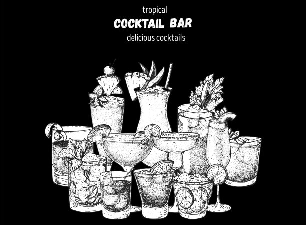 含酒精的鸡尾酒草图。手绘矢量插图。手绘饮料插图。鸡尾酒。菜单的设计元素。图片下载