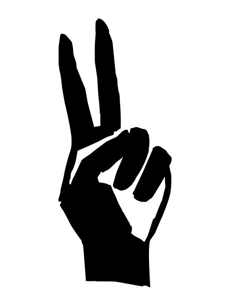 一个风格化的男性手用两个手指向上，手势“v”表示胜利。轮廓。矢量图图片下载