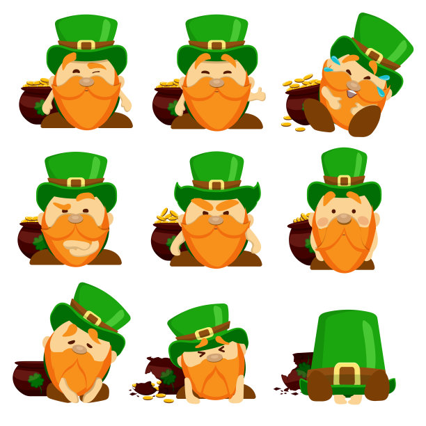 一套不同的情绪，一个妖精在一个绿色的帽子和一罐金子。角色的9种不同情绪。圣帕特里克节的矢量插图图片下载