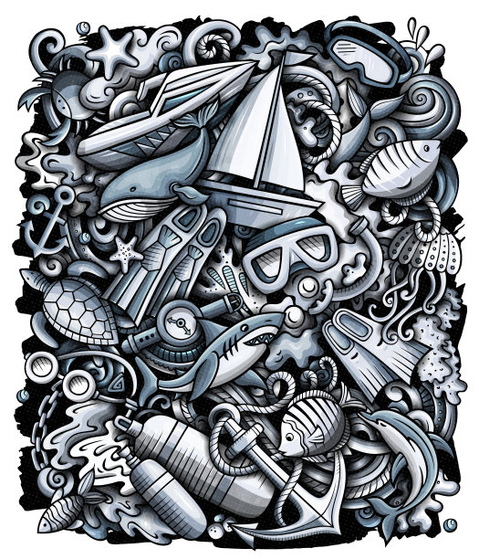 潜水卡通矢量涂鸦插图。图片下载