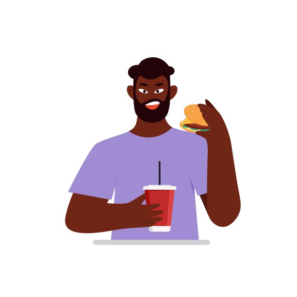 非洲黑人吃汉堡喝可乐。平面向量插图图片下载