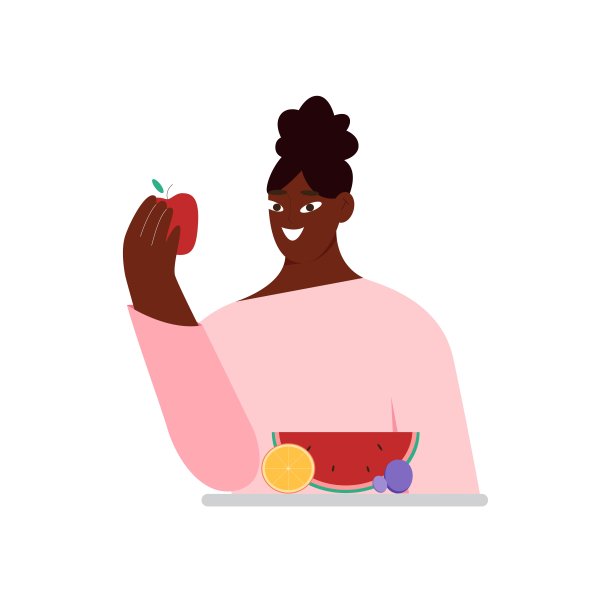 非洲黑人妇女在吃苹果和水果。平面向量illustation图片下载