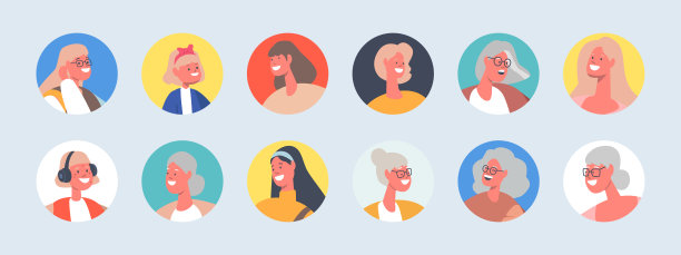人物头像，不同年龄和外貌的女性角色。小，年轻和成熟的女性肖像图片下载