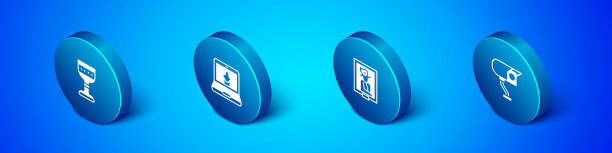 设置等距中世纪高脚杯，博物馆肖像，安全摄像头和在线图标。向量图片下载