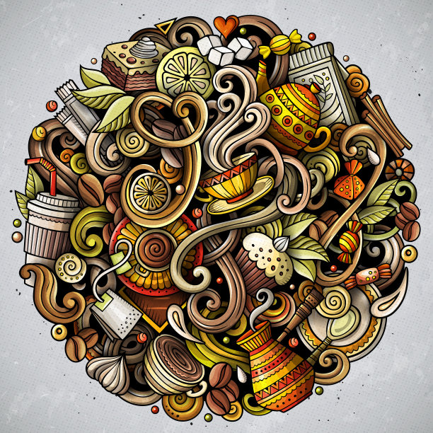 咖啡馆有趣的手绘矢量涂鸦插图。图片下载