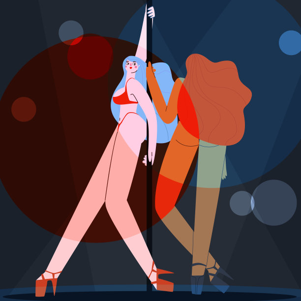 两个穿着内衣的女孩在塔的舞台上跳舞。夜总会，灯光和聚光灯。向量图片下载