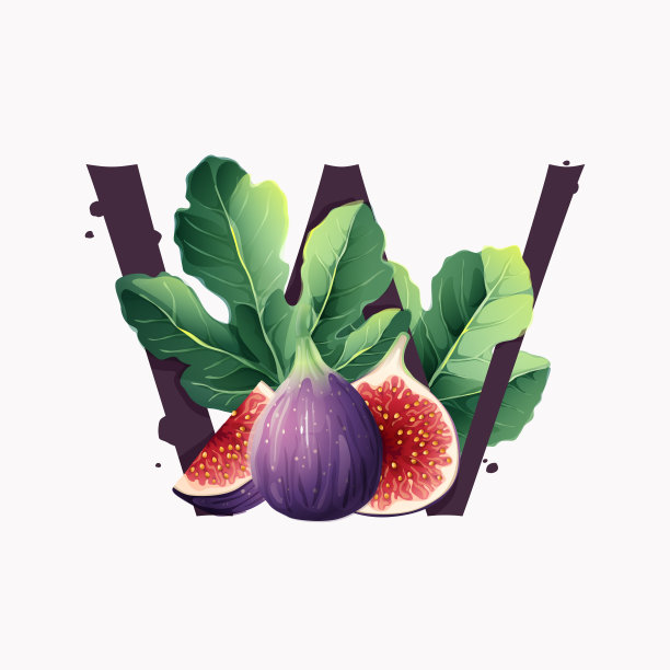 字母W标志上有新鲜成熟的紫色无花果果实和带叶子的切片。图片下载