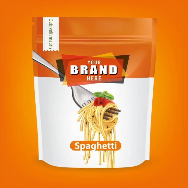 意大利面条的包装设计。矢量意大利面和包装模板孤立在橙色背景图片下载
