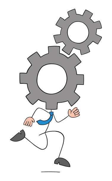 Stickman商人与旋转齿轮手和运行，手绘轮廓卡通矢量插图图片下载