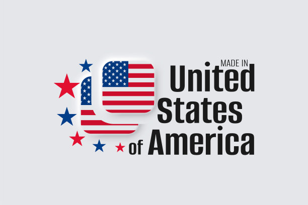 新形态3d模拟美国国旗按钮。美国制造的新形态新潮概念设计元素，标志，图标，标志，符号。美国制造，质量上乘。矢量图图片下载
