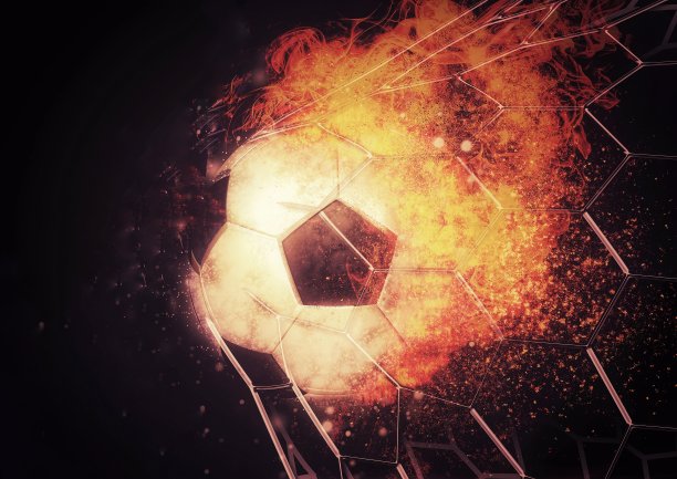 一个火焰足球穿网的3D插图图片下载