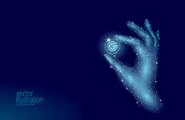 全球加密货币GCC币握指低聚手。多边形几何三维渲染点实时数字电子银行未来创新业务技术矢量演示图片下载