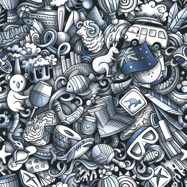 澳大利亚卡通涂鸦无缝图案。图片下载