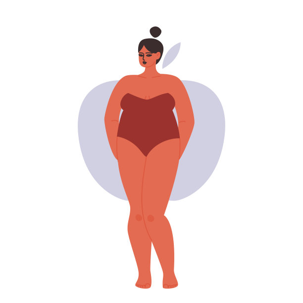 女性苹果型。穿着无肩带泳衣的胖乎乎的卡通女孩。在白色背景上孤立的宽肩膀的女人的矢量股票插图。图片下载
